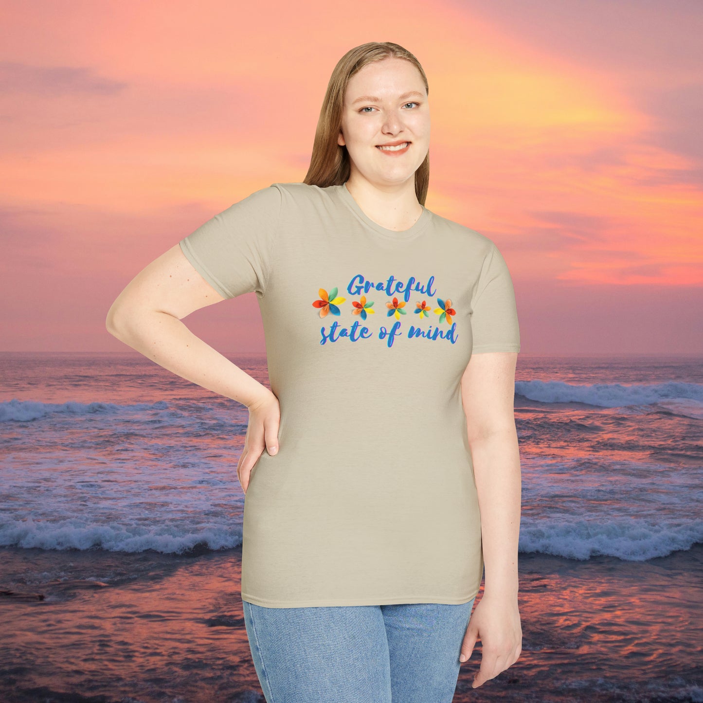 A "grateful state of mind" is a wonderful state to be in. Our mindsets have tremendous impact in our perspectives. This is a Unisex Softstyle T-Shirt.