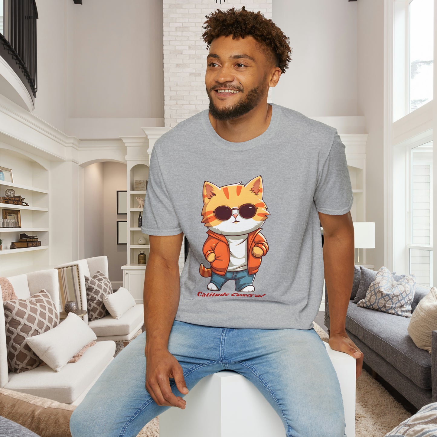 A cool cat with  “Catitude Central” below it on this Unisex Softstyle T-Shirt. Cat lovers get this.