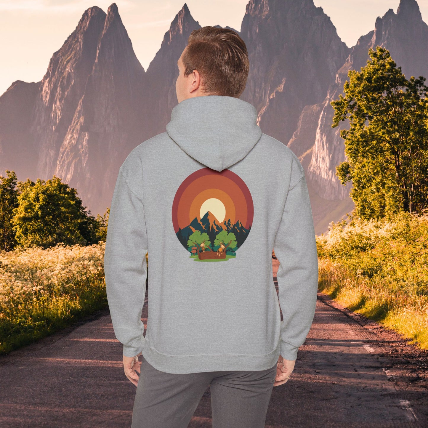 Hooded Sweatshirt - Mountain Forest and Playful Monkeys Design