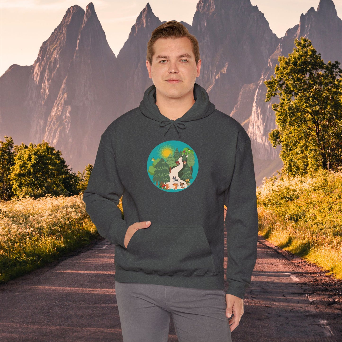 A nature walk with the doggies is so much fun! Enjoy this Unisex Heavy Blend™ Hooded Sweatshirt