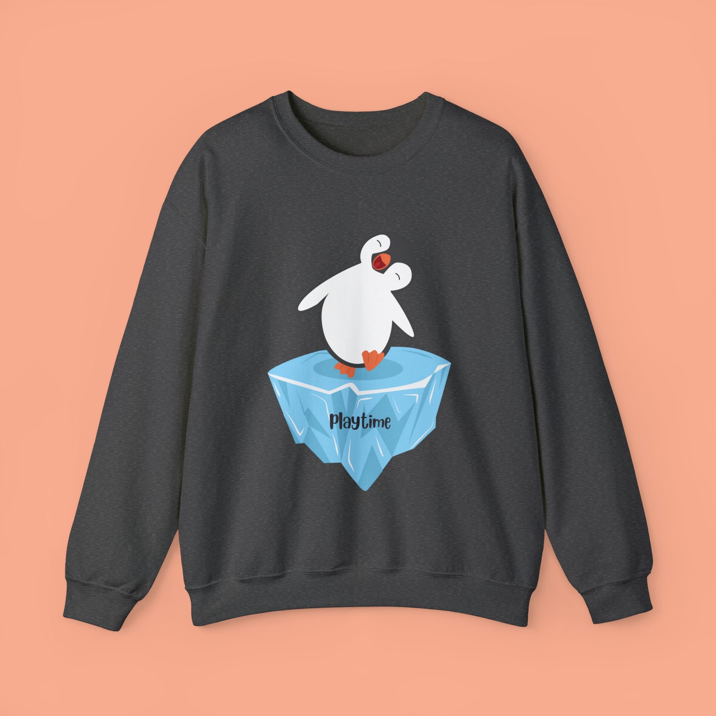 Playtime! Cute and happy penguin on an iceberg design. Give the gift of this Unisex Heavy Blend™ Crewneck Sweatshirt or get one for yourself.