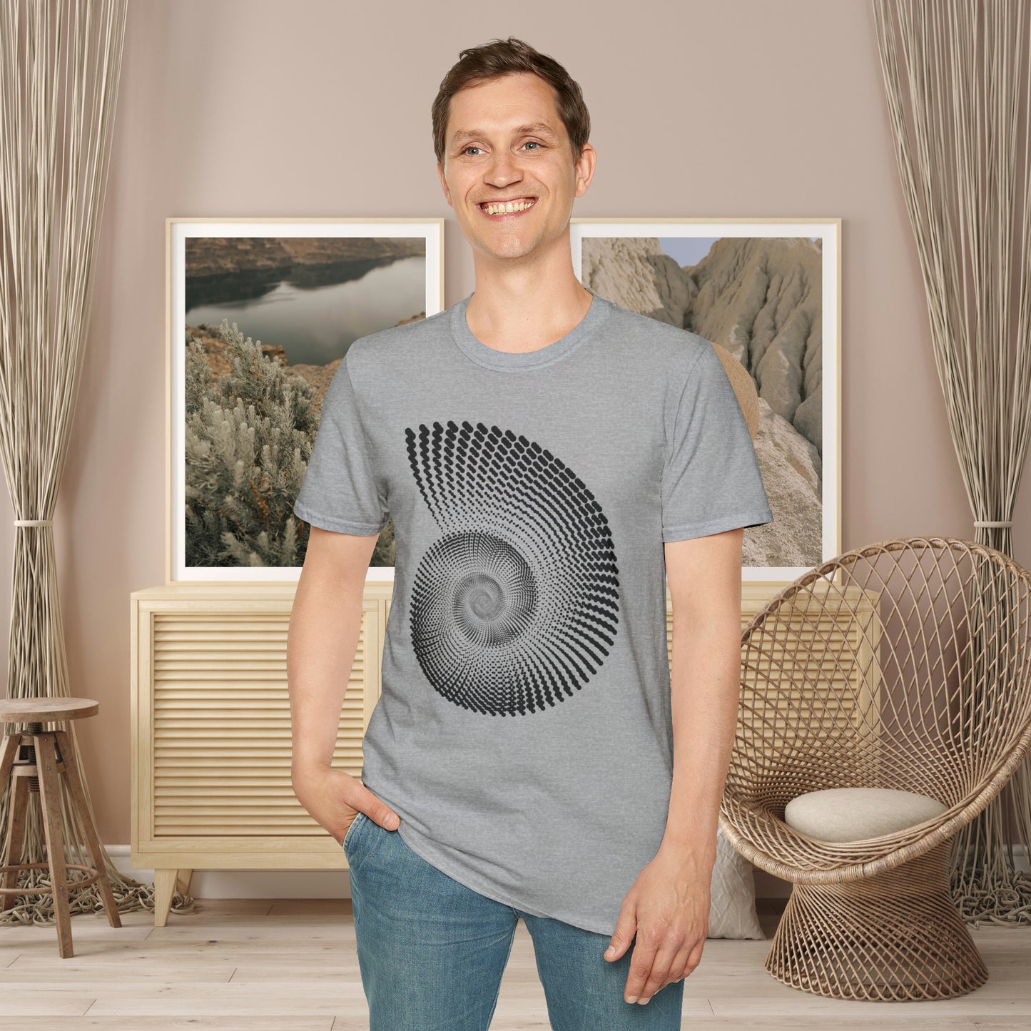 Black nautilus and shell inspired design to celebrate the beauty in nature on this Unisex Softstyle T-Shirt.