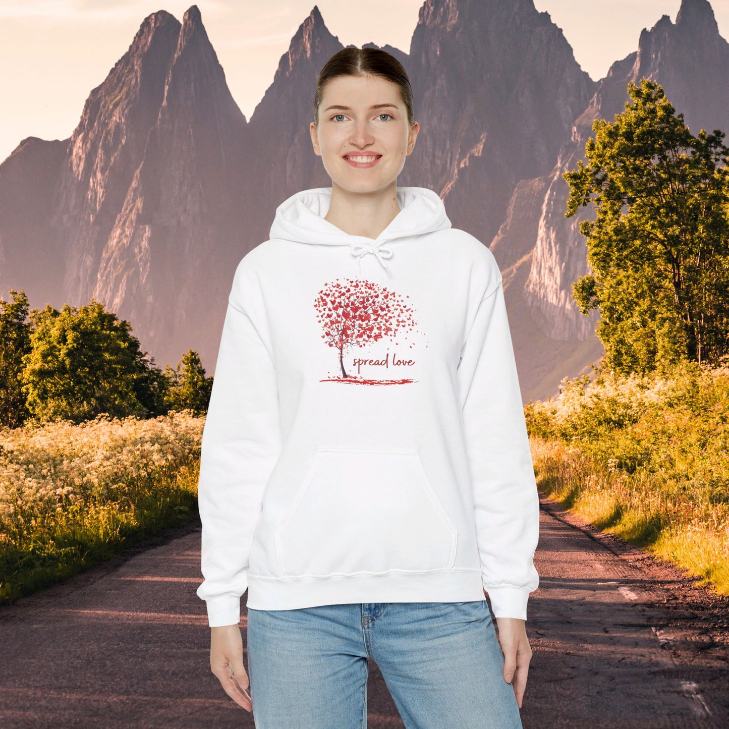 Spread love is the message on this heart filled tree designed Unisex Heavy Blend™ Hooded Sweatshirt