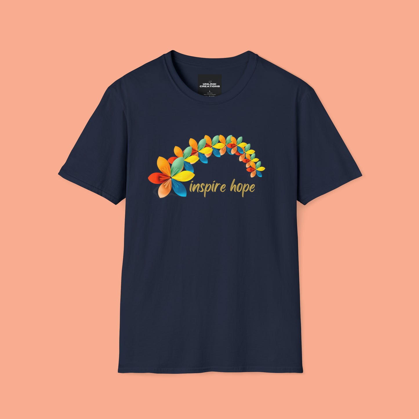 A beautiful origami style flowers in rainbow formation with “inspire hope” below it. We find hope in each other, that is part of our humanity. Be that inspiration, one person at a time. This is a Unisex Softstyle T-Shirt.