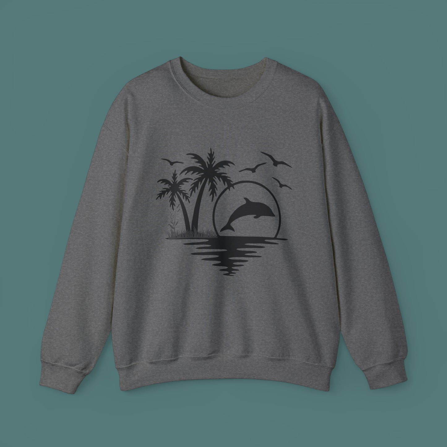 Silhouettes of palm trees, playful dolphin, and the ocean water make this cozy sweatshirt. Give the gift of this Unisex Heavy Blend™ Crewneck Sweatshirt or get one for yourself.