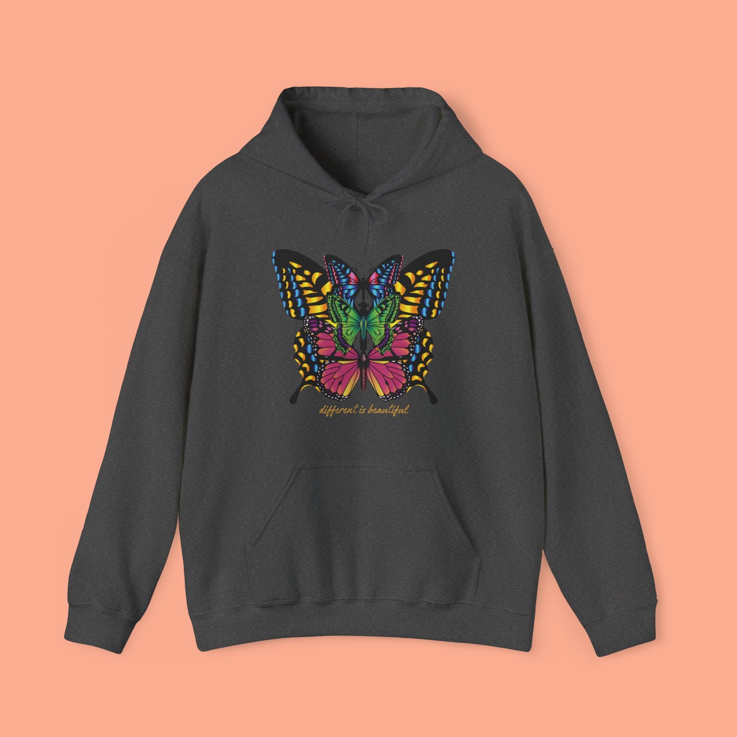 Diversity is celebrated on this butterflies filled “different is beautiful" Unisex Heavy Blend™ Hooded Sweatshirt