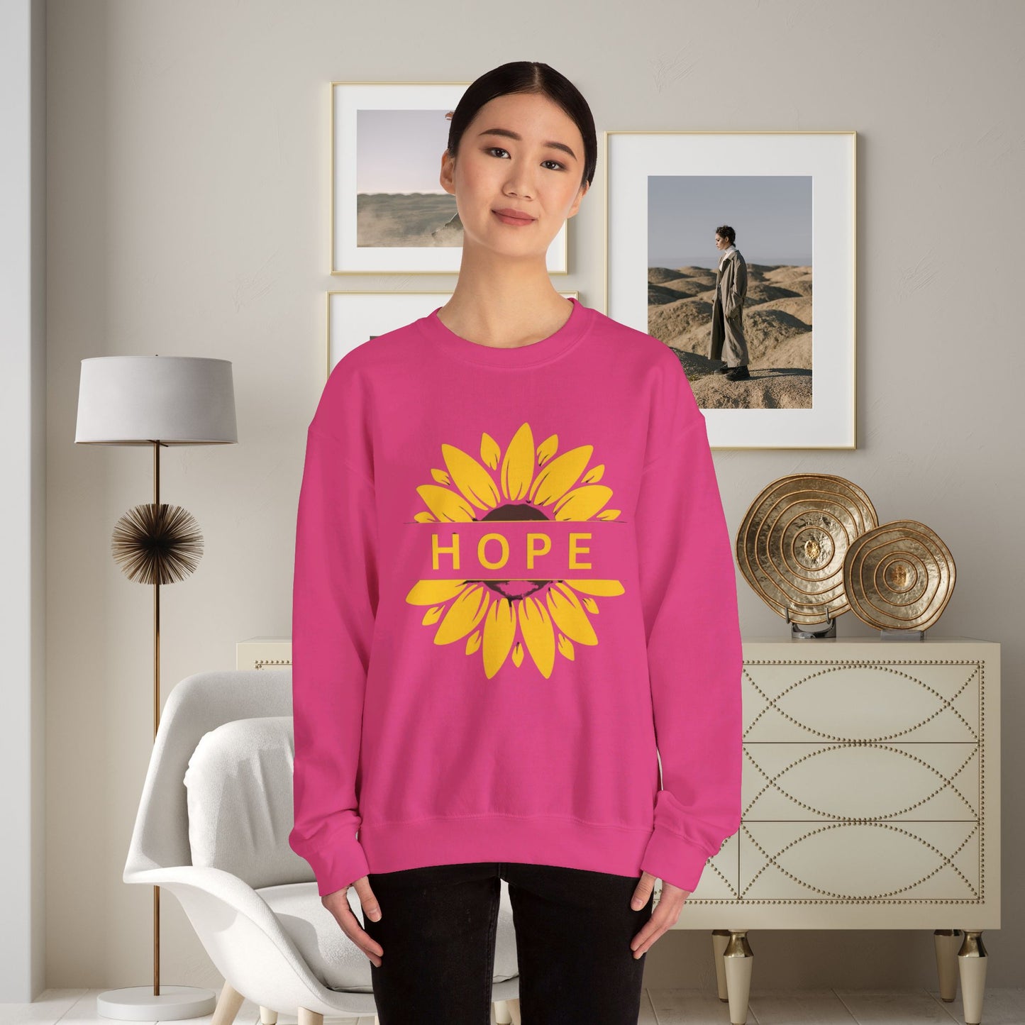 Beautiful sunflower with to inspire  “HOPE” comfy sweatshirt. Give the gift of this Unisex Heavy Blend™ Crewneck Sweatshirt or get one for yourself.