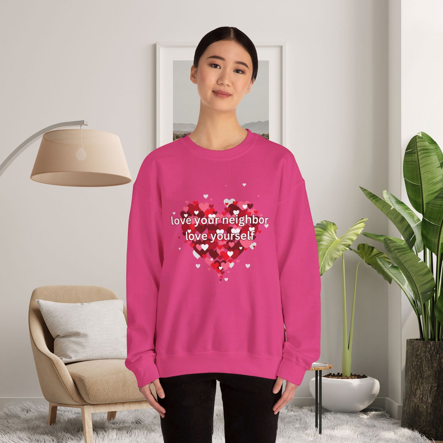 “love your neighbor love yourself” on top of a beautiful heart of hearts. Give the gift of this Unisex Heavy Blend™ Crewneck Sweatshirt or get one for yourself.