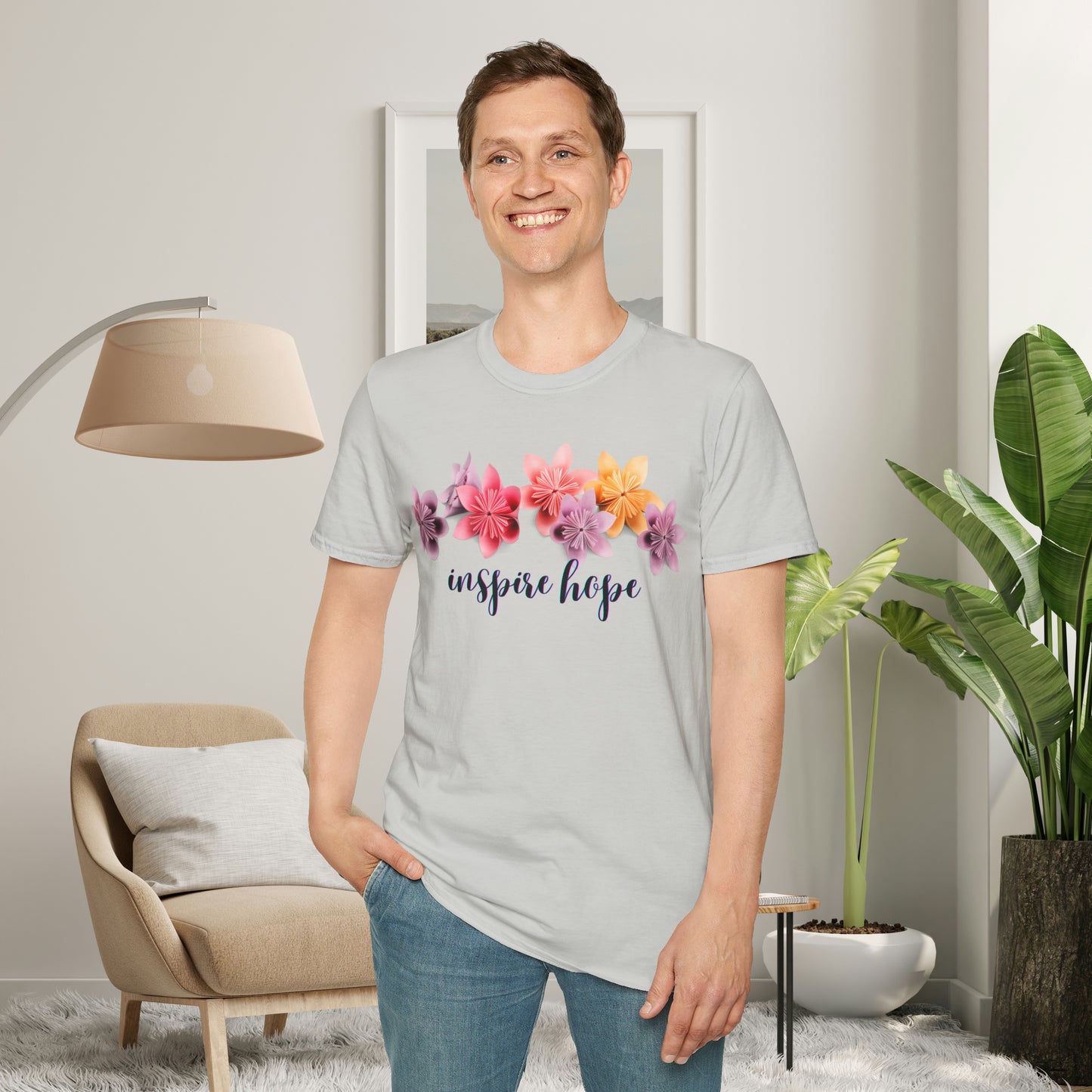 Our ability to “inspire hope” in others begins with us recognizing our ability to do so. Origami flowers go with this message on this Unisex Softstyle T-Shirt.