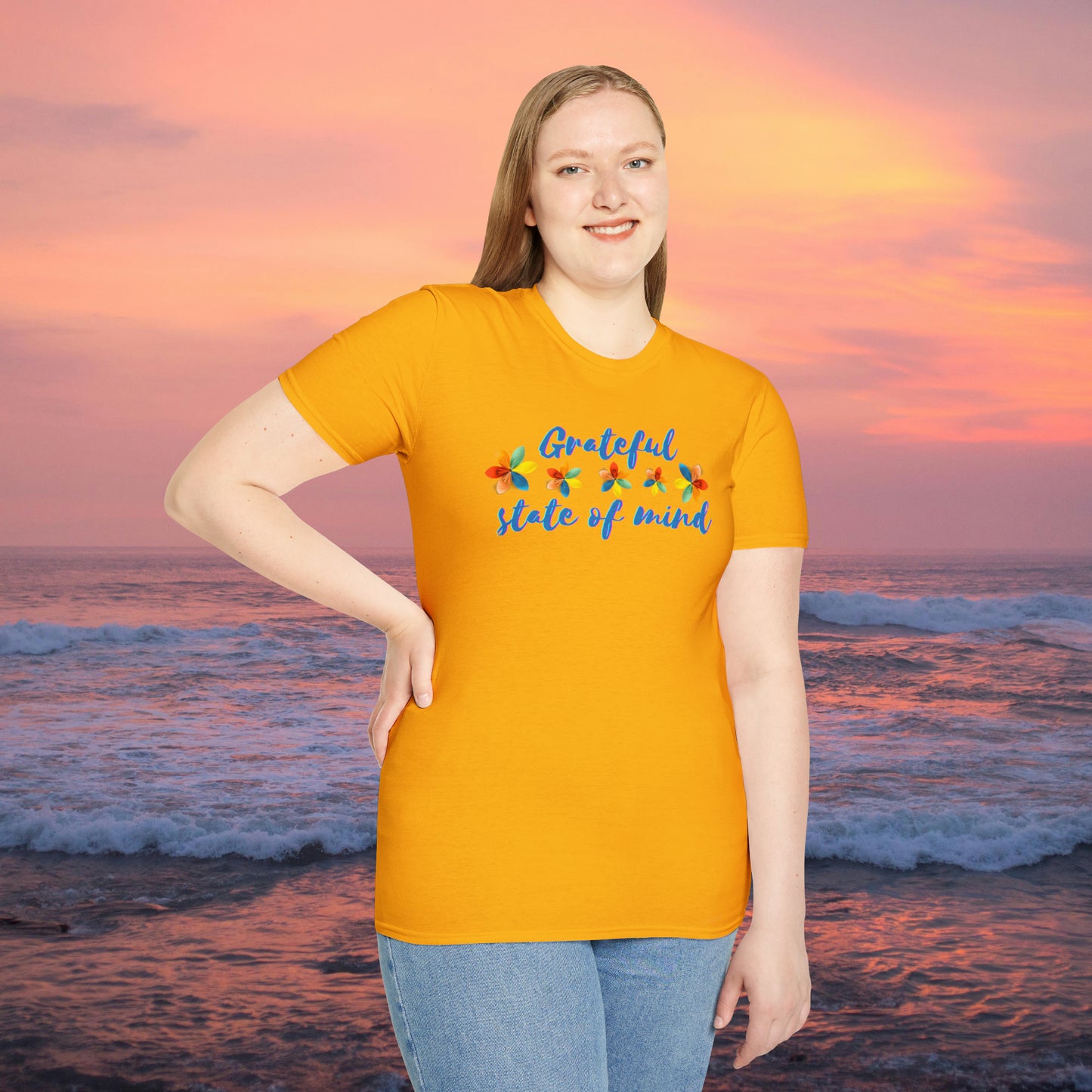 A "grateful state of mind" is a wonderful state to be in. Our mindsets have tremendous impact in our perspectives. This is a Unisex Softstyle T-Shirt.