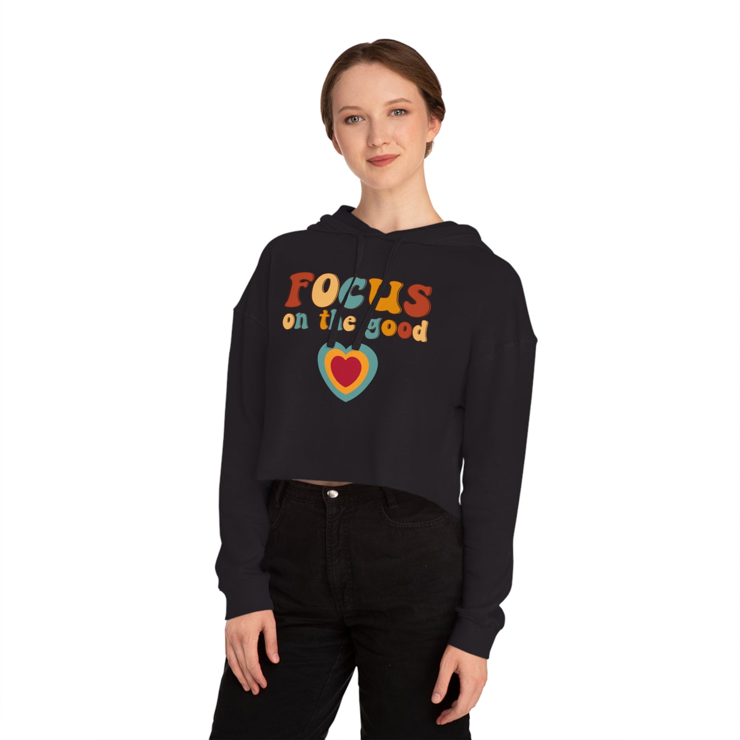 Colorful “Focus on the good” with a heart message design on this stylish Women’s Cropped Hooded Sweatshirt for your enjoyment.