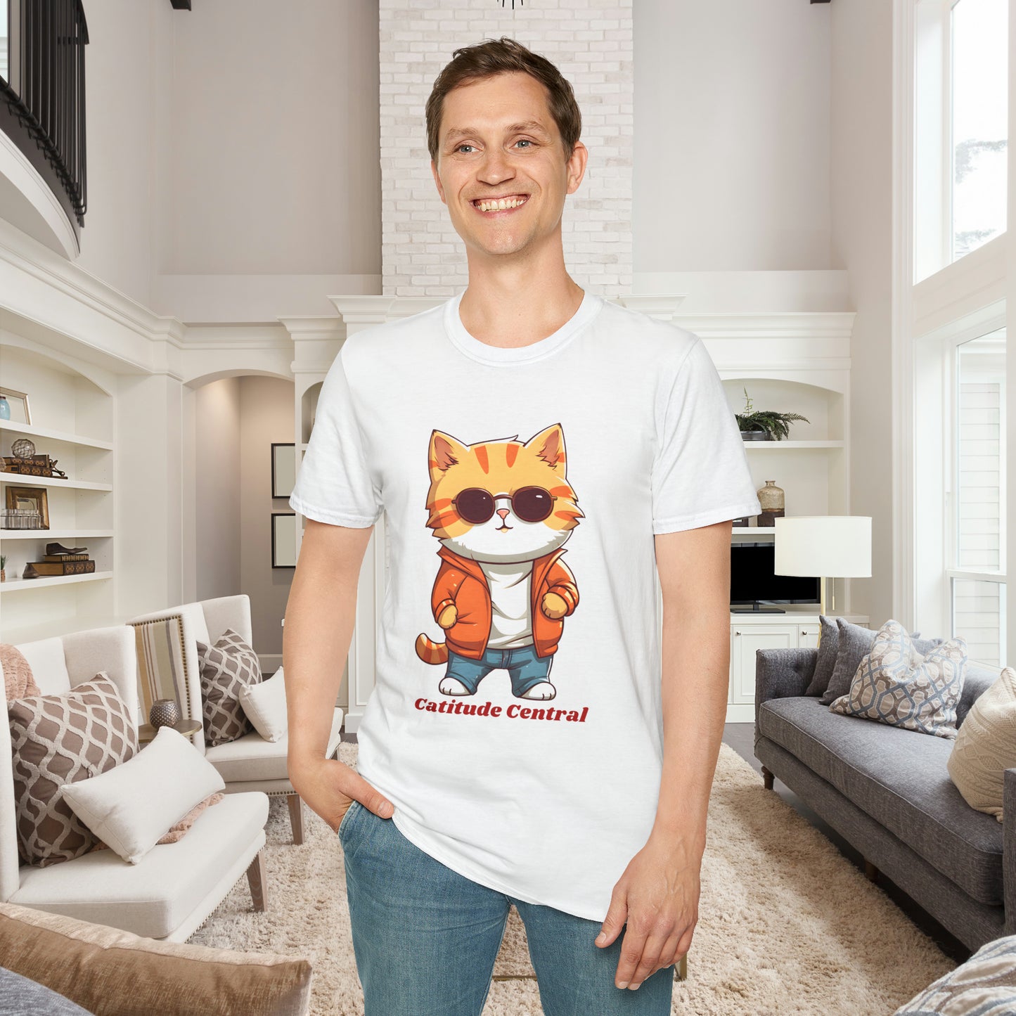 A cool cat with  “Catitude Central” below it on this Unisex Softstyle T-Shirt. Cat lovers get this.