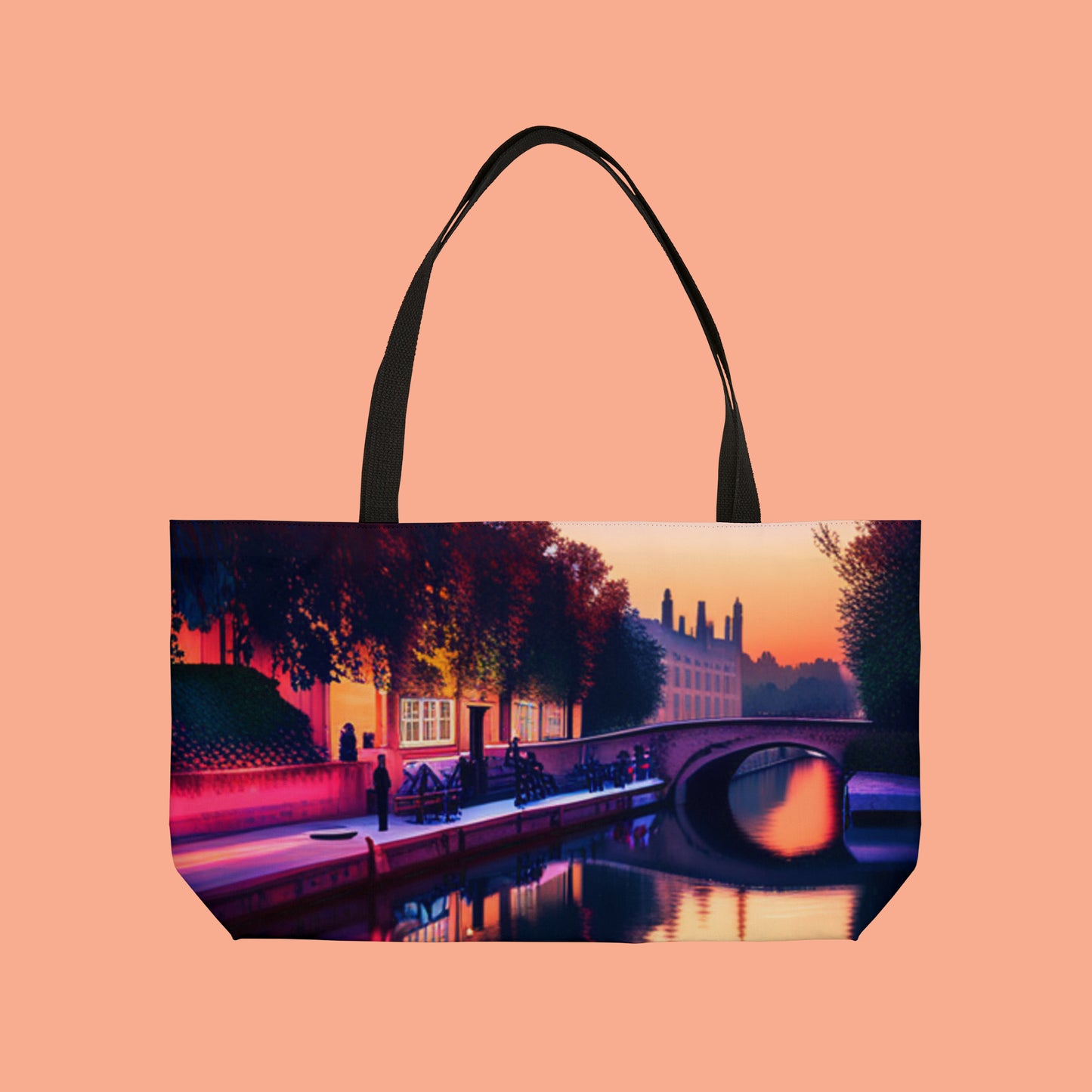 European street by a canal at dusk inspired design on this Weekender Tote Bag.