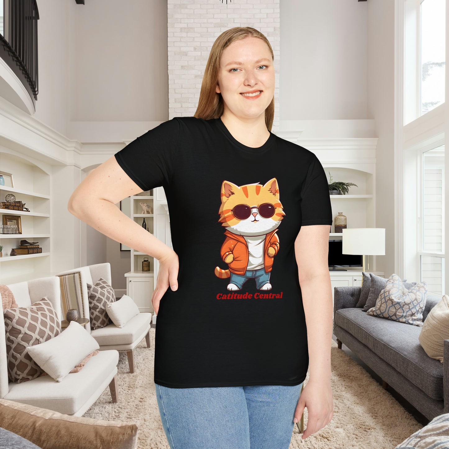 A cool cat with  “Catitude Central” below it on this Unisex Softstyle T-Shirt. Cat lovers get this.