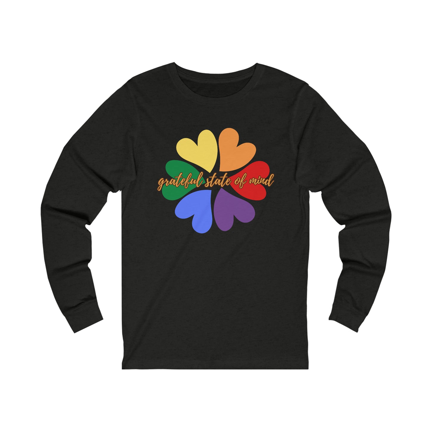 Colorful hearts under this “grateful state of mind" Unisex Jersey Long Sleeve Tee.