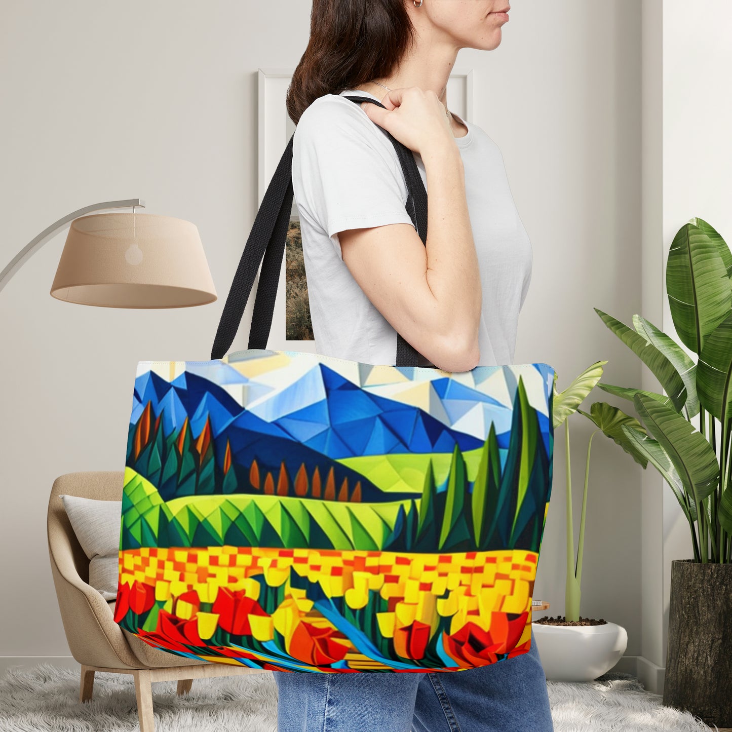 Dutch landscape in origami style inspired scenery on this beautiful Weekender Tote Bag.