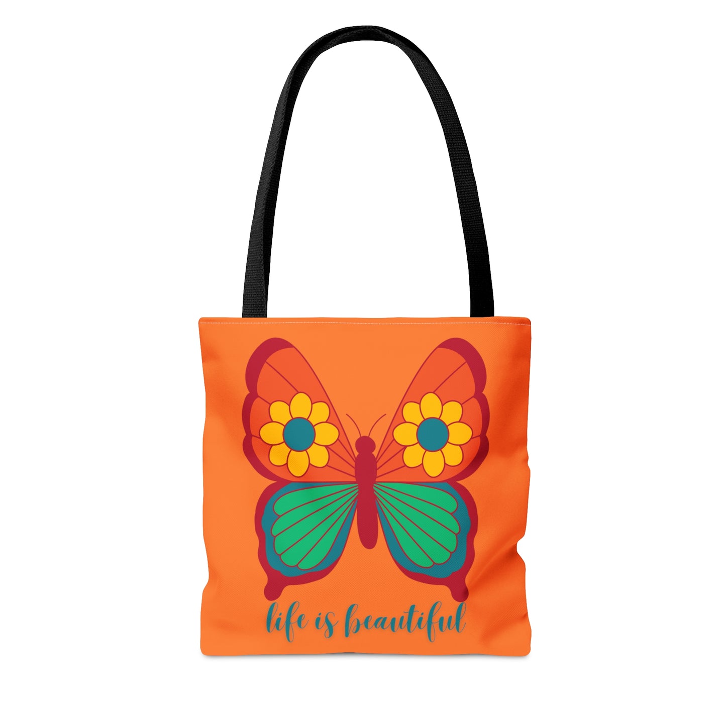 Cute and simple message “life is beautiful” under a butterfly design tote bag. Come in 3 sizes to meet your needs.