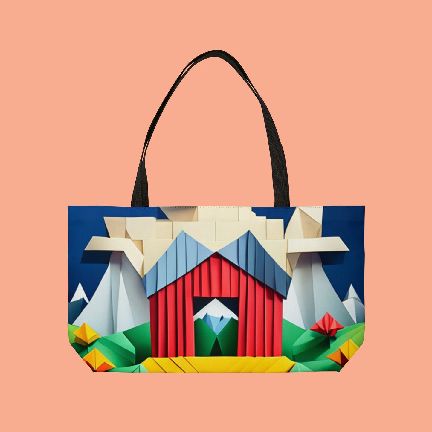 Pig in a farmhouse in origami style inspired scenery on this beautiful Weekender Tote Bag.