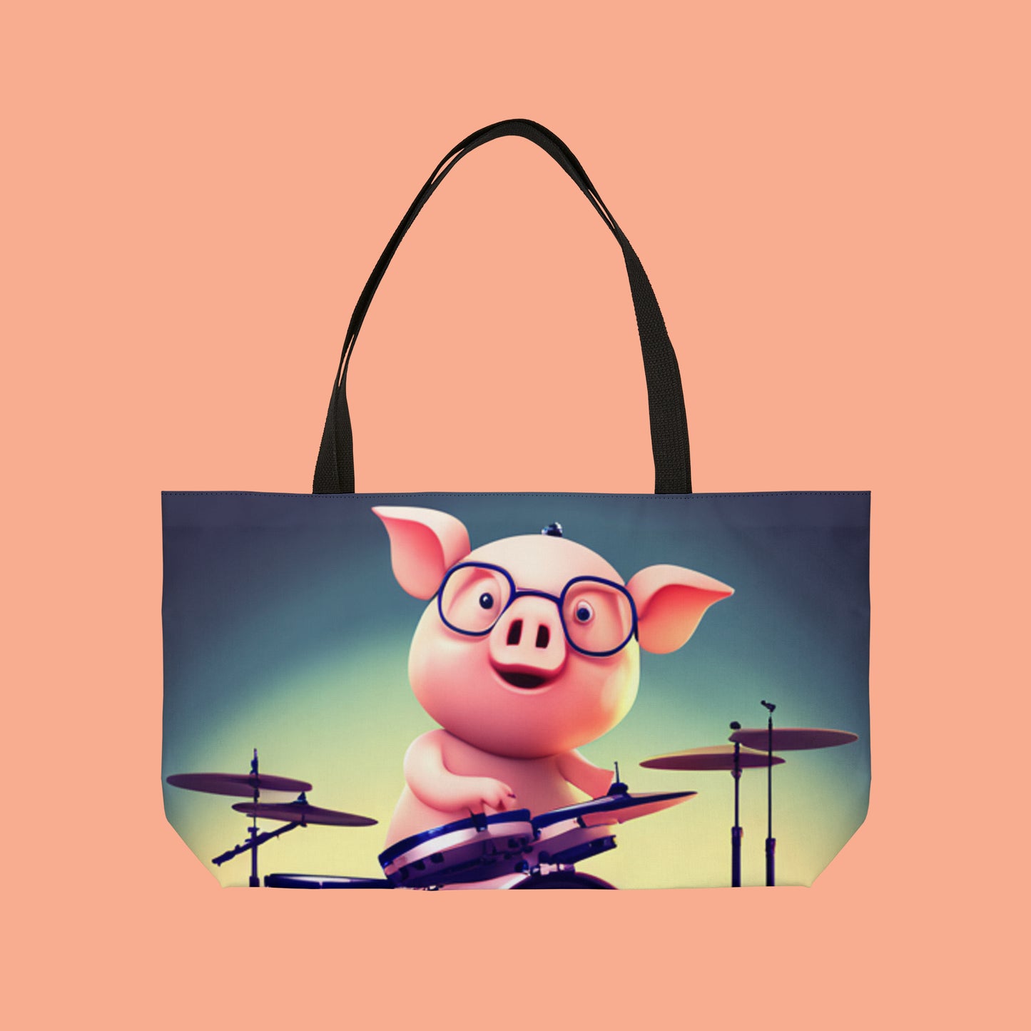 Cute pig drummer inspired design on this Weekender Tote Bag.