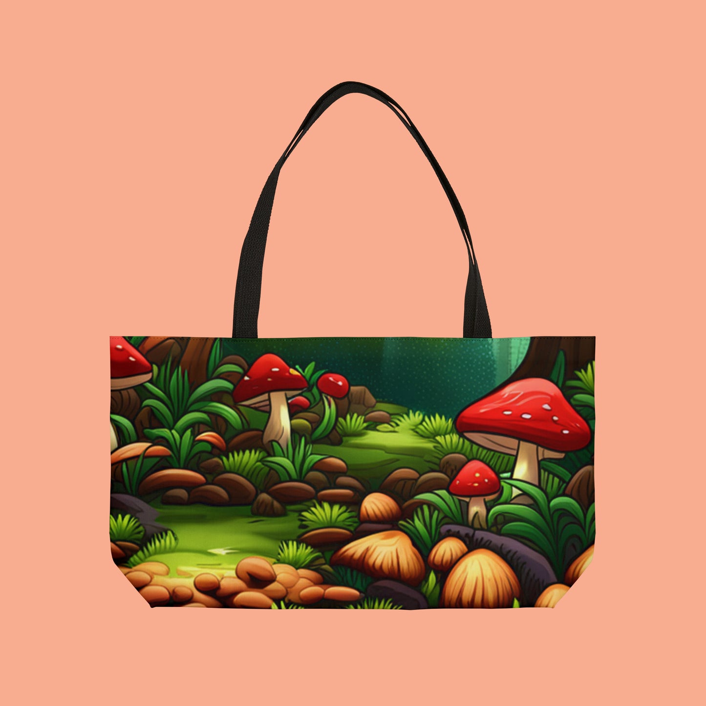 Mushrooms thriving in the forest inspires this design on this Weekender Tote Bag.