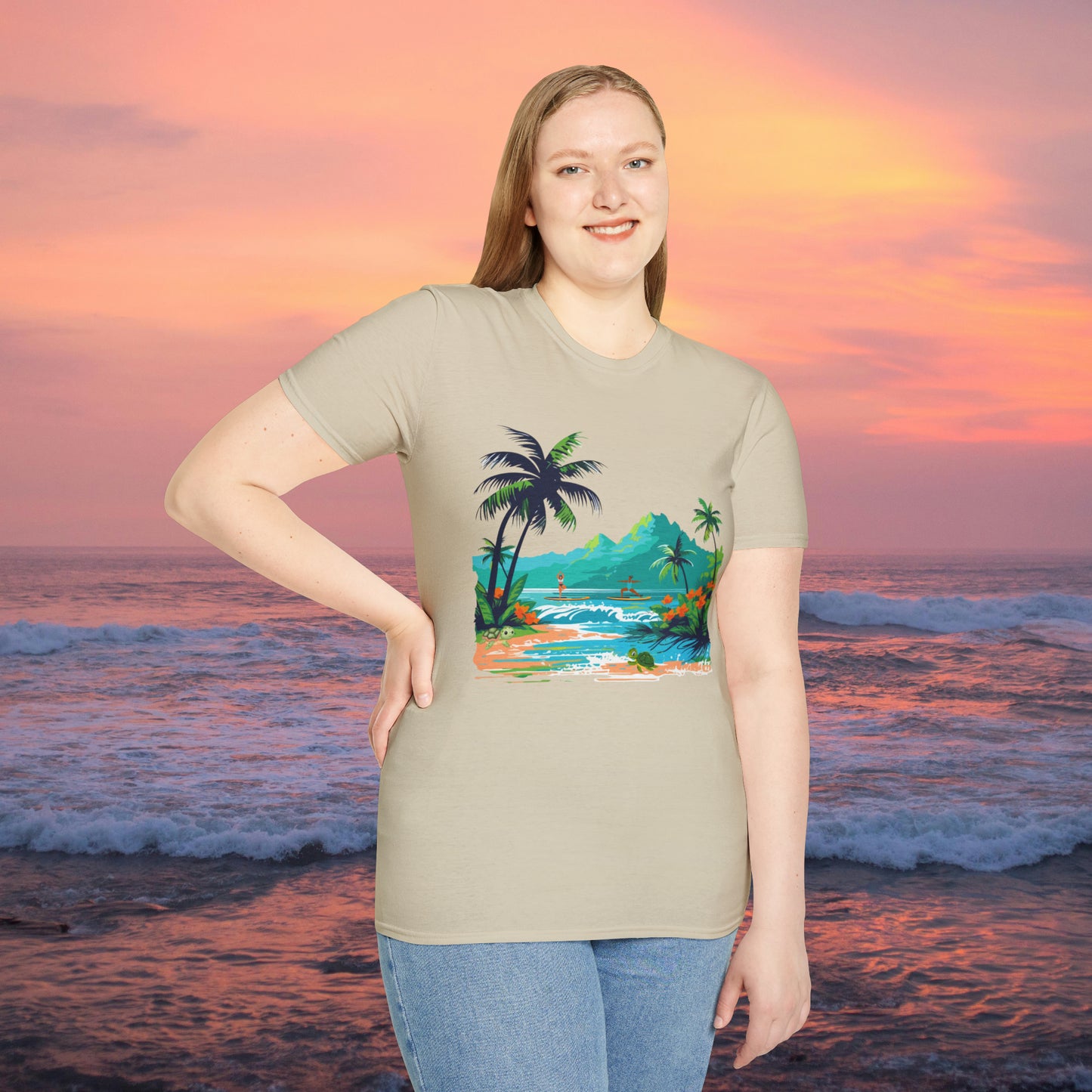 A peaceful paddle board yoga, anyone? With turtles, palm trees and yes the ocean and mountains. Enjoy! A Unisex Softstyle T-Shirt.