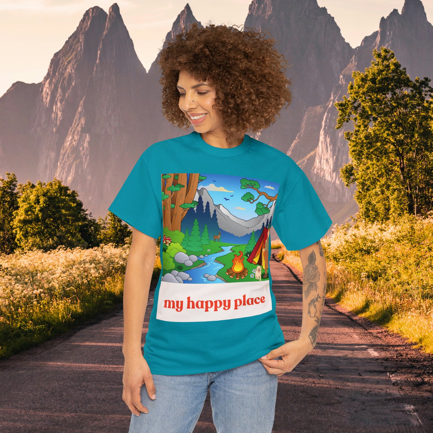 A great shirt for those who love camping in the great outdoors! This Unisex Heavy Cotton Tee is designed to inspire us to spend more time being happy in the great outdoors. Camp, hike and be one with nature.