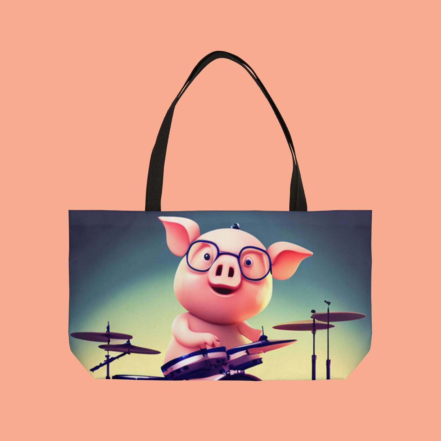 Cute pig drummer inspired design on this Weekender Tote Bag.