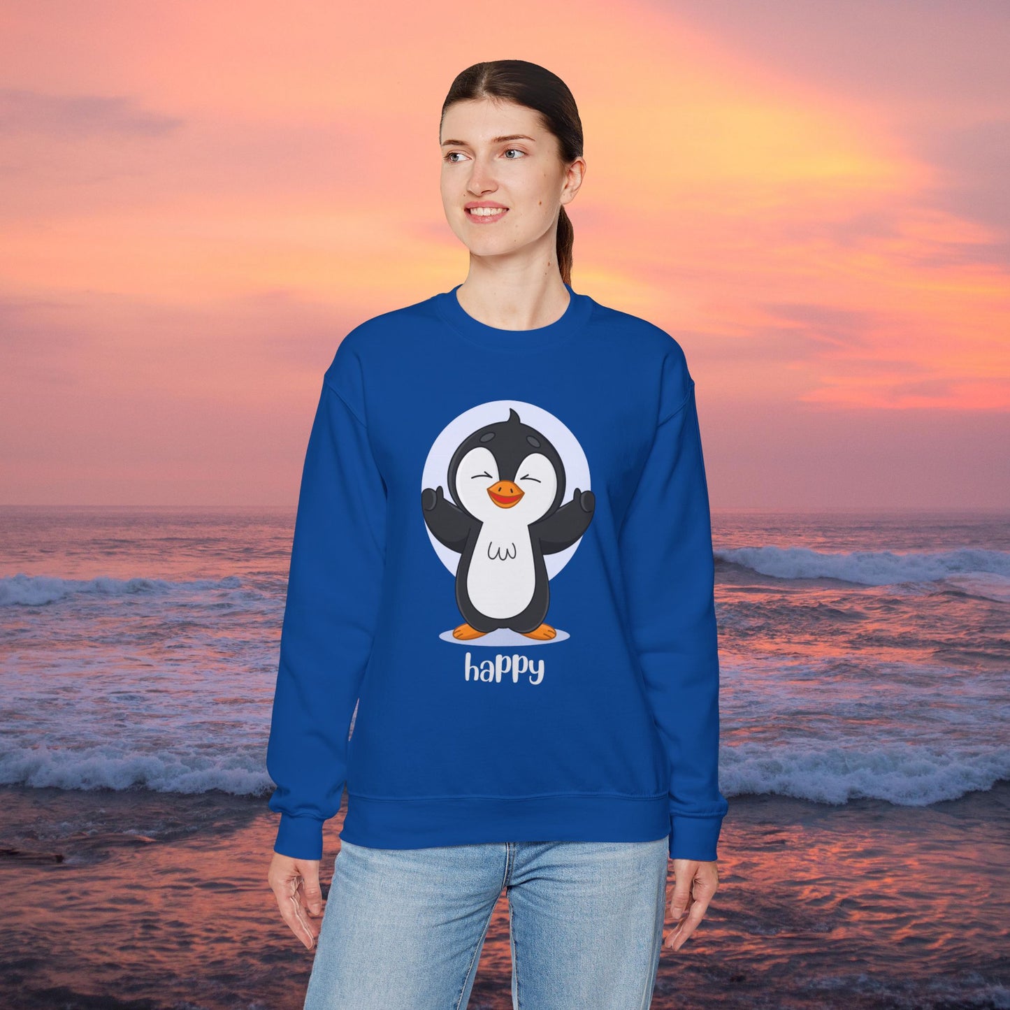 Penguin Crewneck Sweatshirt with Happy Typography