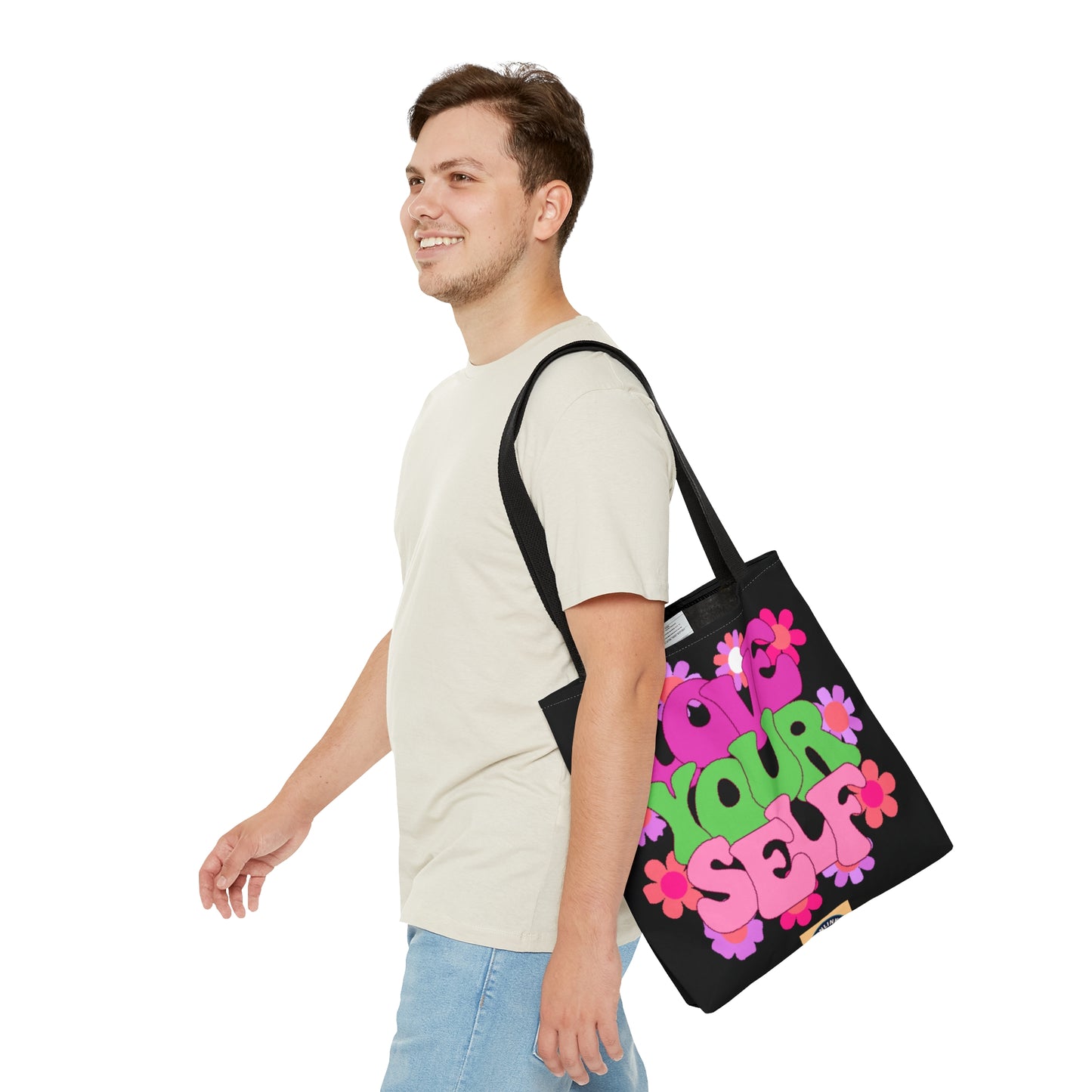 Colorful and bright “LOVE YOURSELF” tote bag. Come in 3 sizes to meet your needs. Reusable for all your shopping or trip needs.
