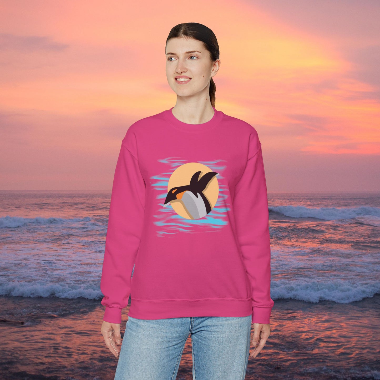 Colorful and playful penguin retro design. Give the gift of this Unisex Heavy Blend™ Crewneck Sweatshirt or get one for yourself.