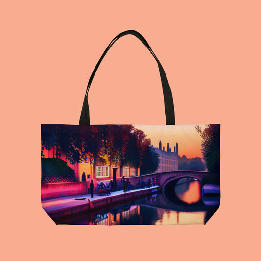 European street by a canal at dusk inspired design on this Weekender Tote Bag.