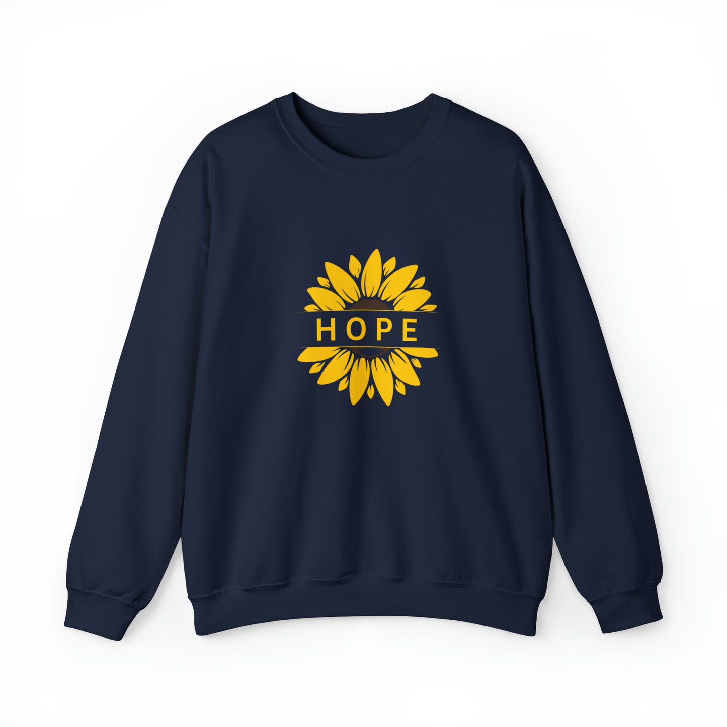 Beautiful sunflower with to inspire  “HOPE” comfy sweatshirt. Give the gift of this Unisex Heavy Blend™ Crewneck Sweatshirt or get one for yourself.