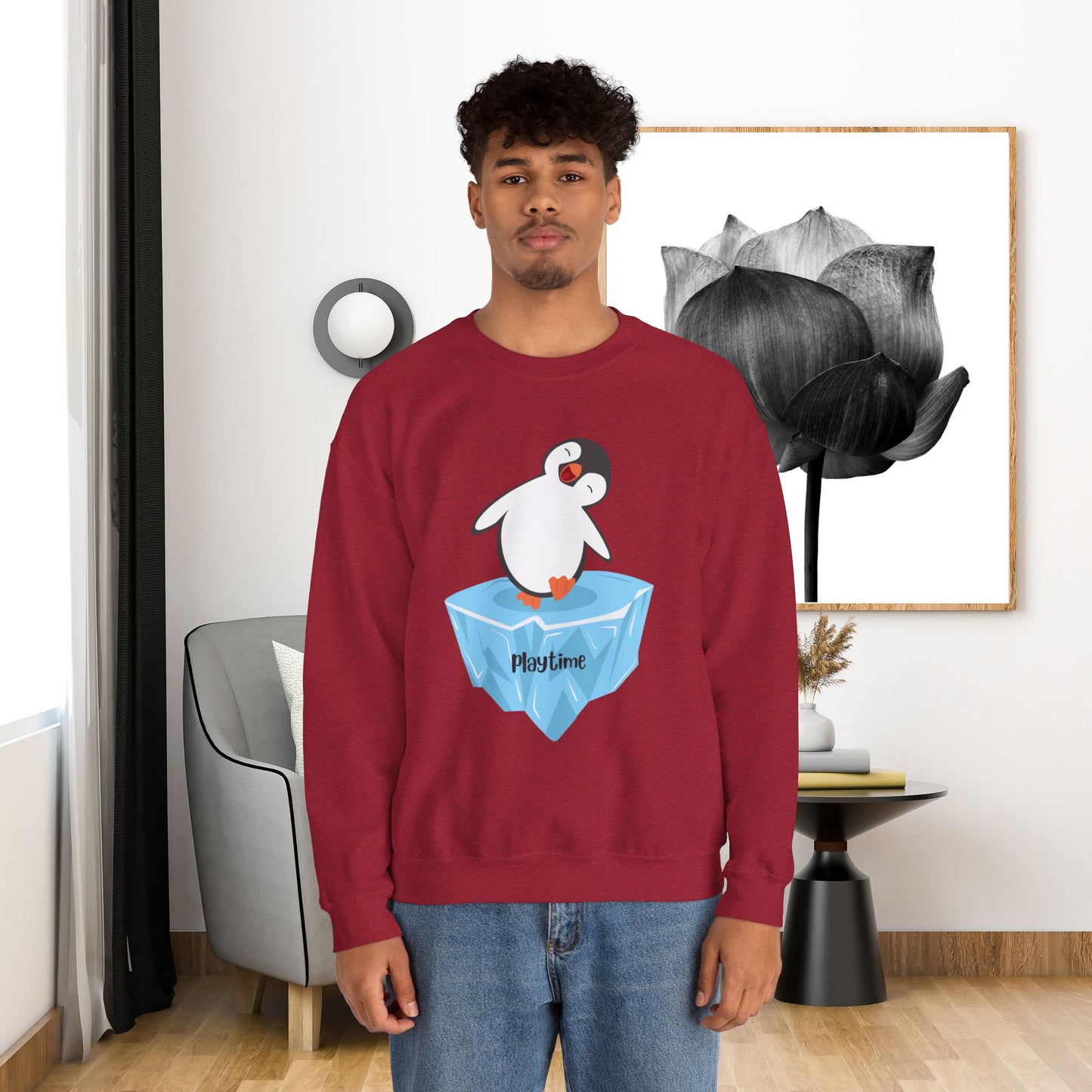 Playtime! Cute and happy penguin on an iceberg design. Give the gift of this Unisex Heavy Blend™ Crewneck Sweatshirt or get one for yourself.