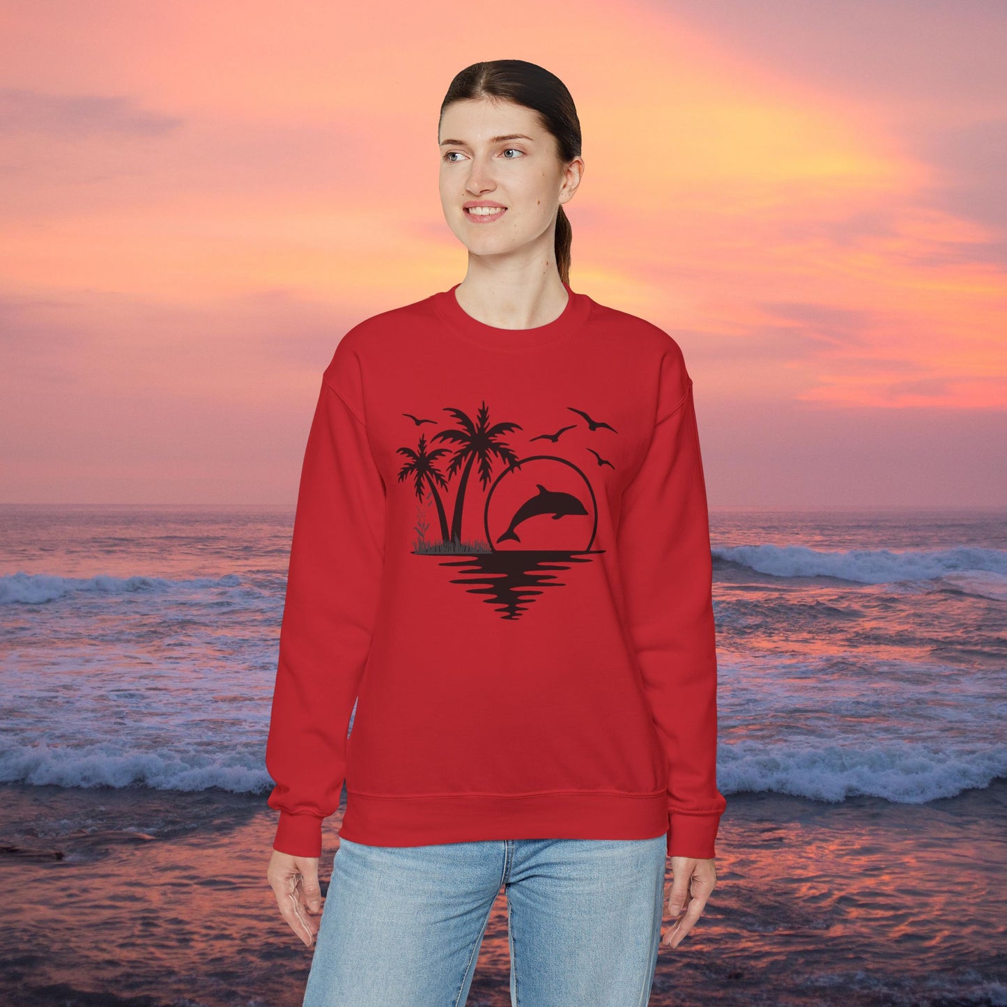 Silhouettes of palm trees, playful dolphin, and the ocean water make this cozy sweatshirt. Give the gift of this Unisex Heavy Blend™ Crewneck Sweatshirt or get one for yourself.