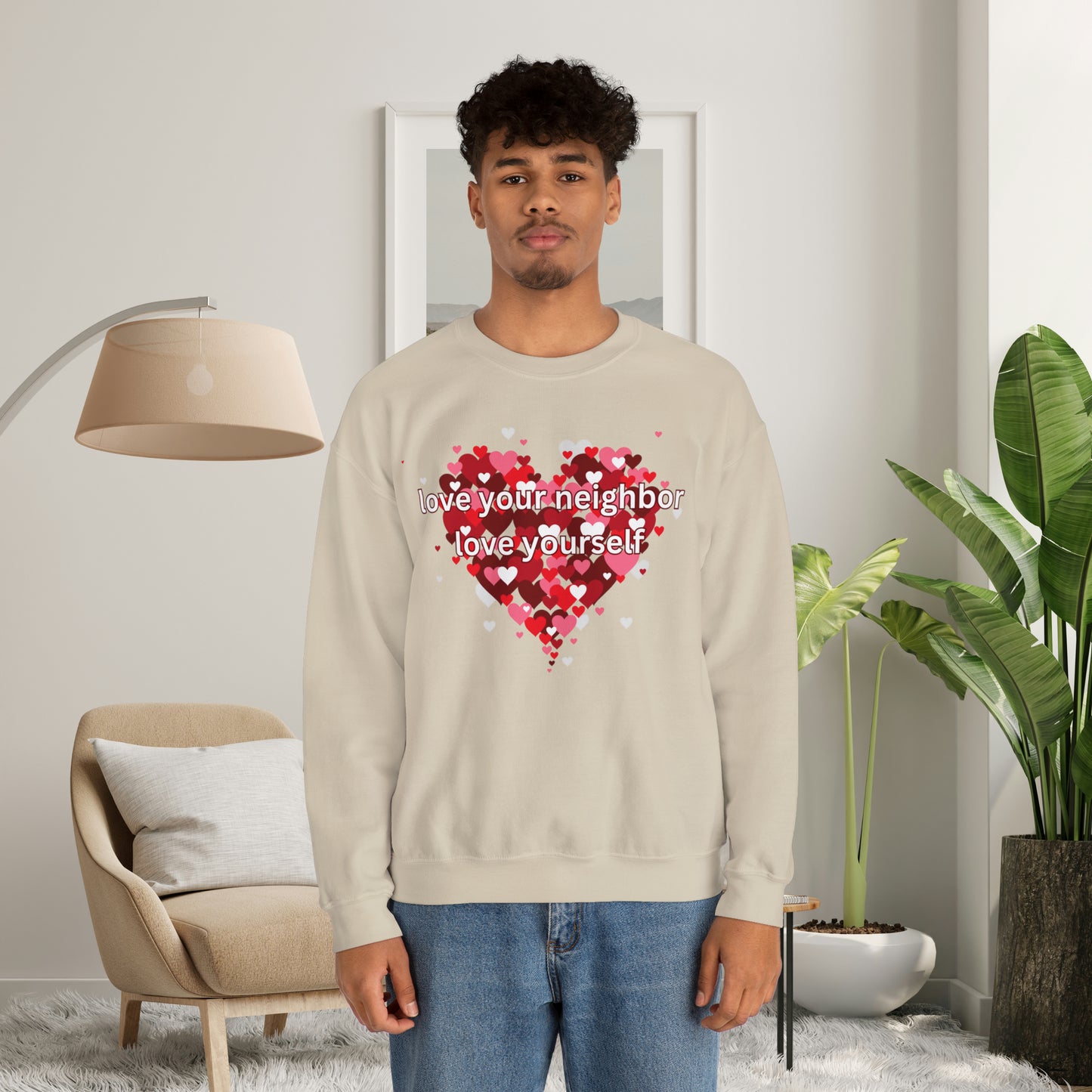 “love your neighbor love yourself” on top of a beautiful heart of hearts. Give the gift of this Unisex Heavy Blend™ Crewneck Sweatshirt or get one for yourself.