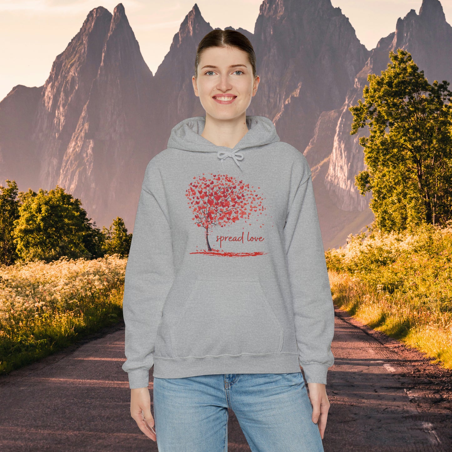 Spread love is the message on this heart filled tree designed Unisex Heavy Blend™ Hooded Sweatshirt