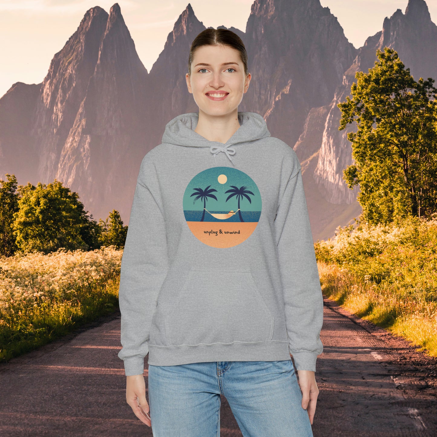 Unplug & unwind beneath a beach scene on this Unisex Heavy Blend™ Hooded Sweatshirt