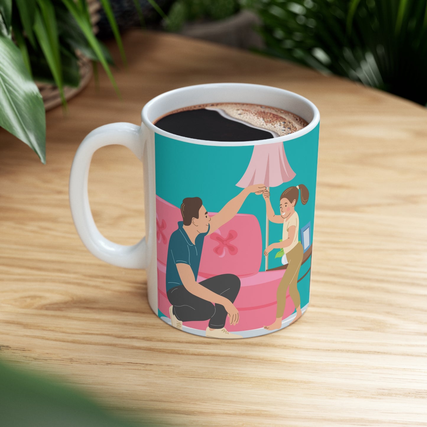 “BEST DAD EVER” on one side and dad dancing with his kid. Part of several mugs to choose from depending on what resonates with you.