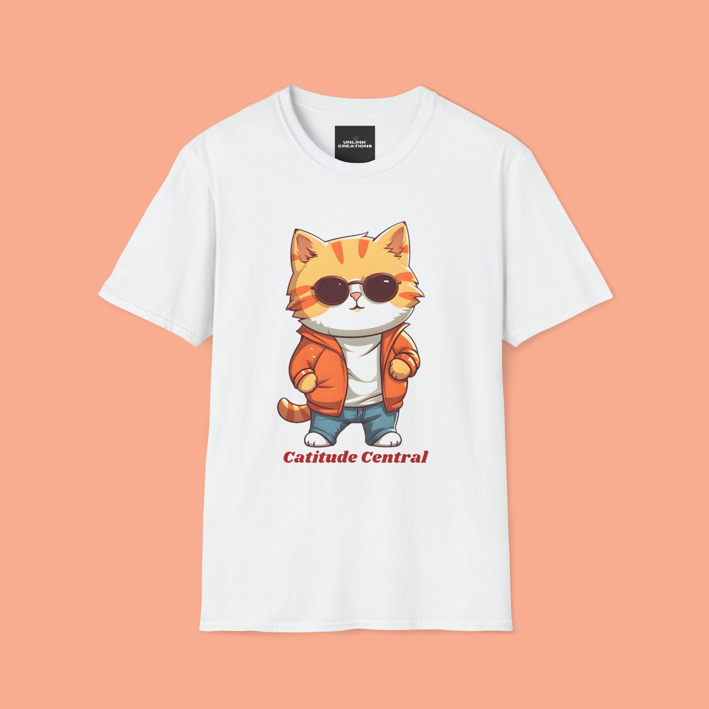 A cool cat with  “Catitude Central” below it on this Unisex Softstyle T-Shirt. Cat lovers get this.