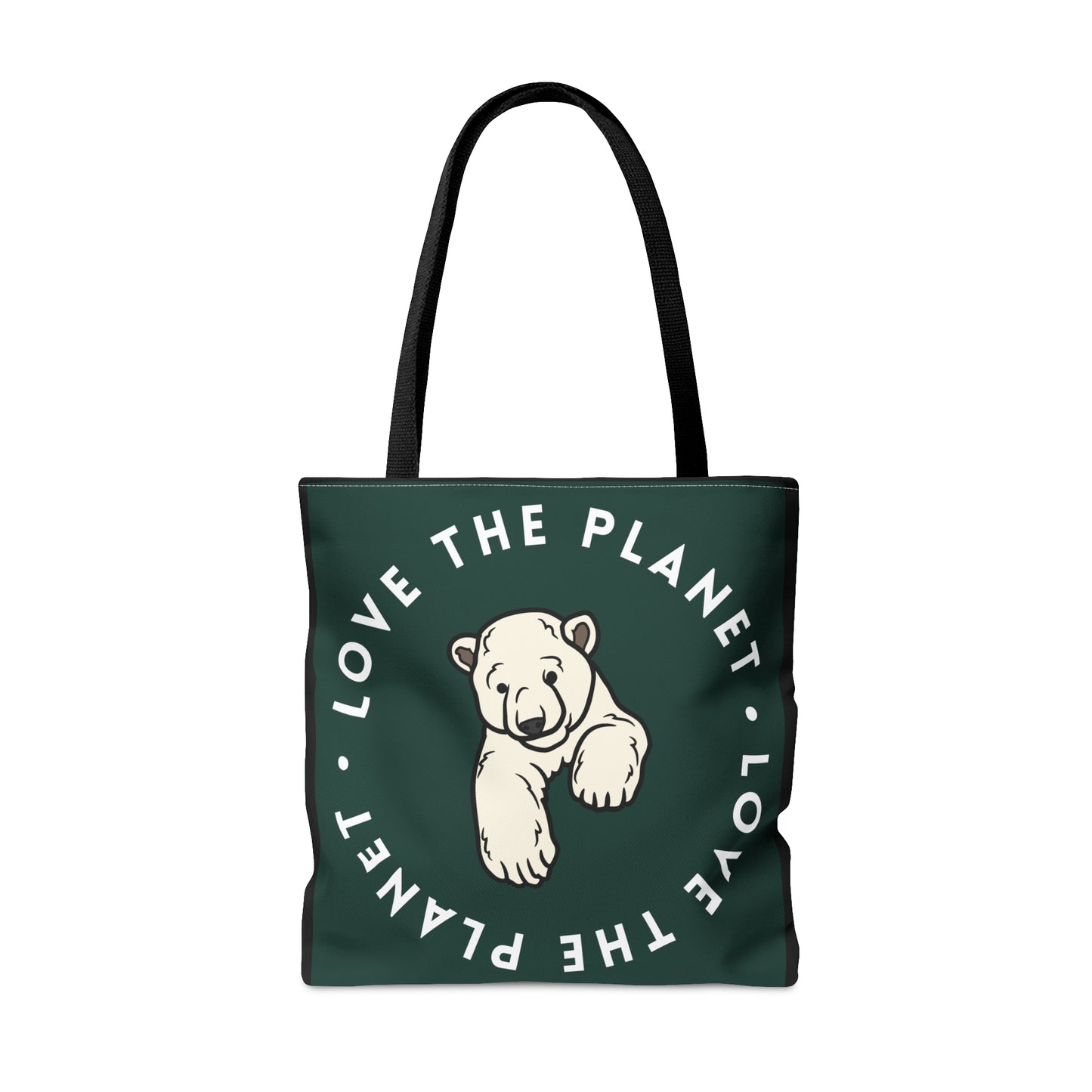 Polar bear inside a  “LOVE THE PLANET” Tote Bag in 3 sizes to meet your needs. Available in black.