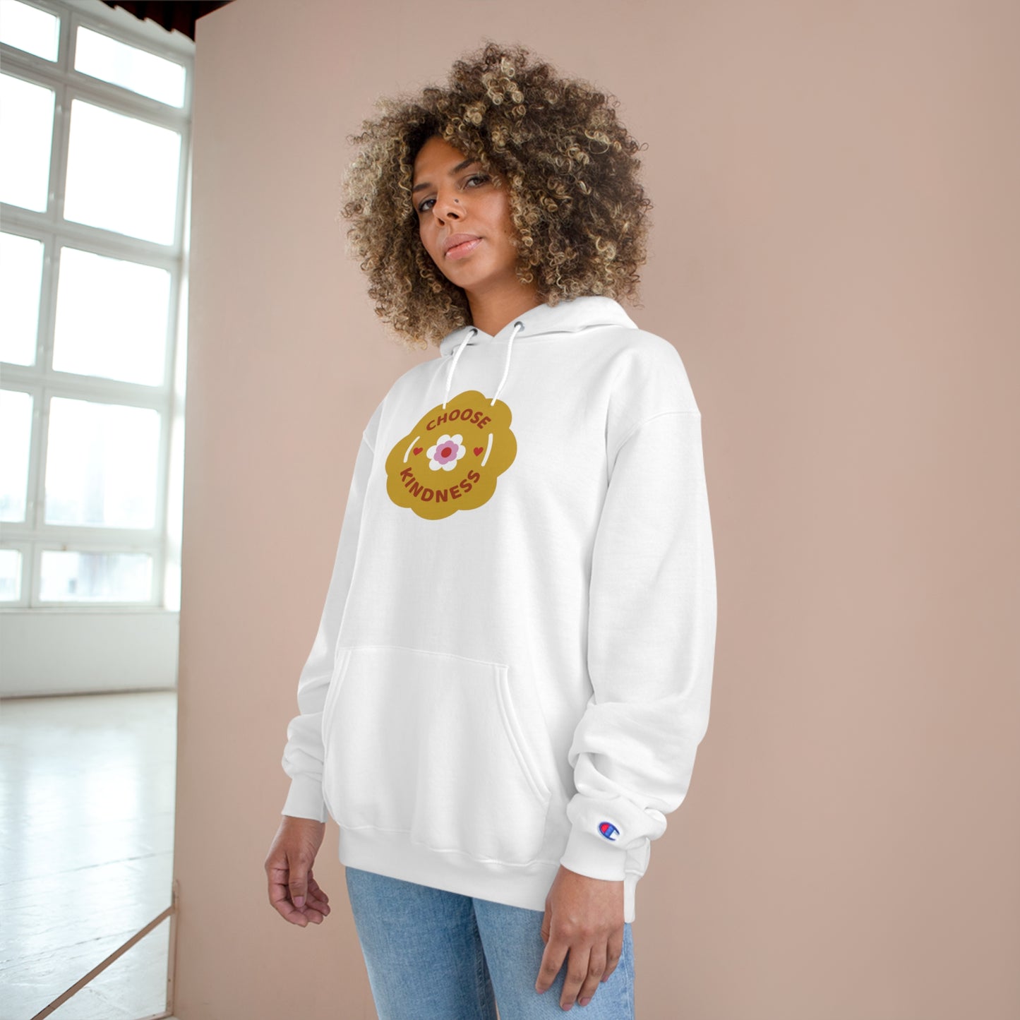 A very comfortable Champion Hoodie with a flowery Choose Kindness in front and Make someone smile today on the back.