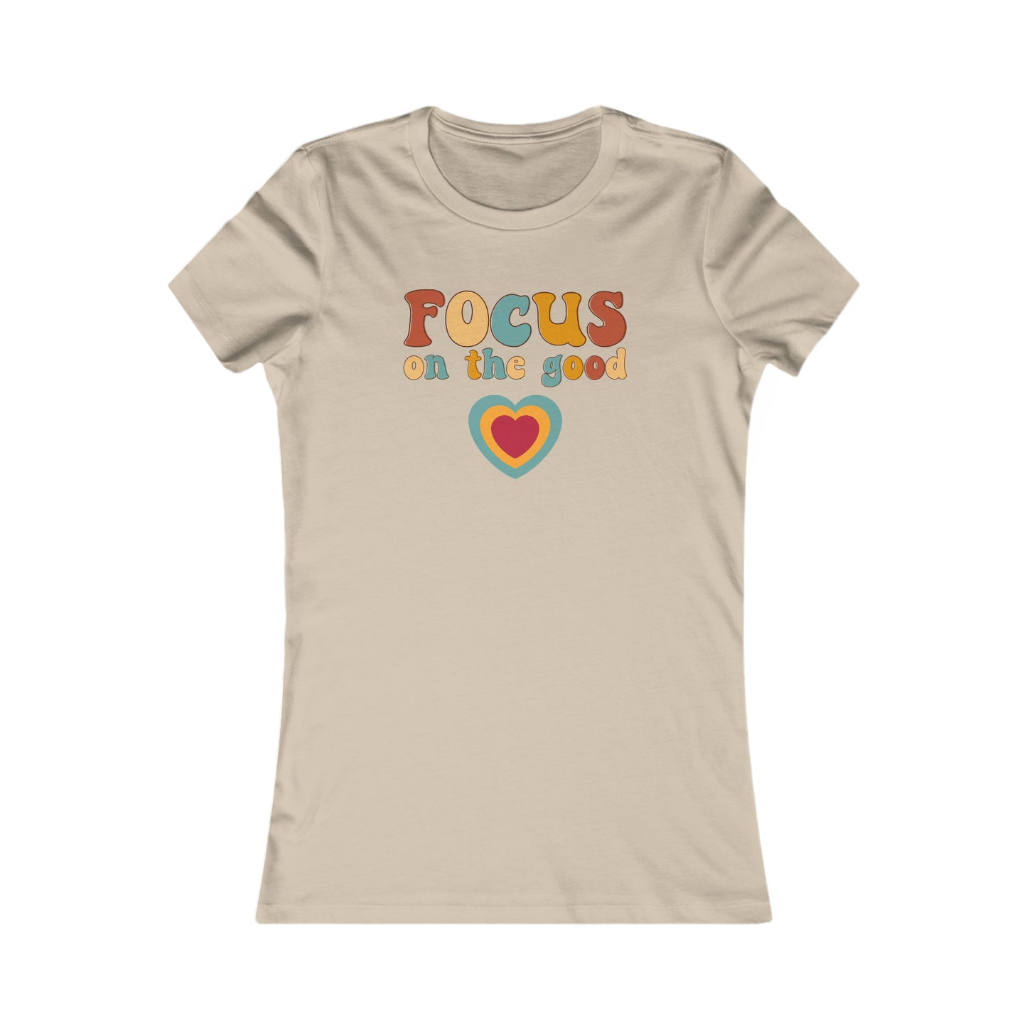 Colorful and hip “Focus on the good” message in the center of this Women's Favorite Tee design. Slim fit so please check the size table.