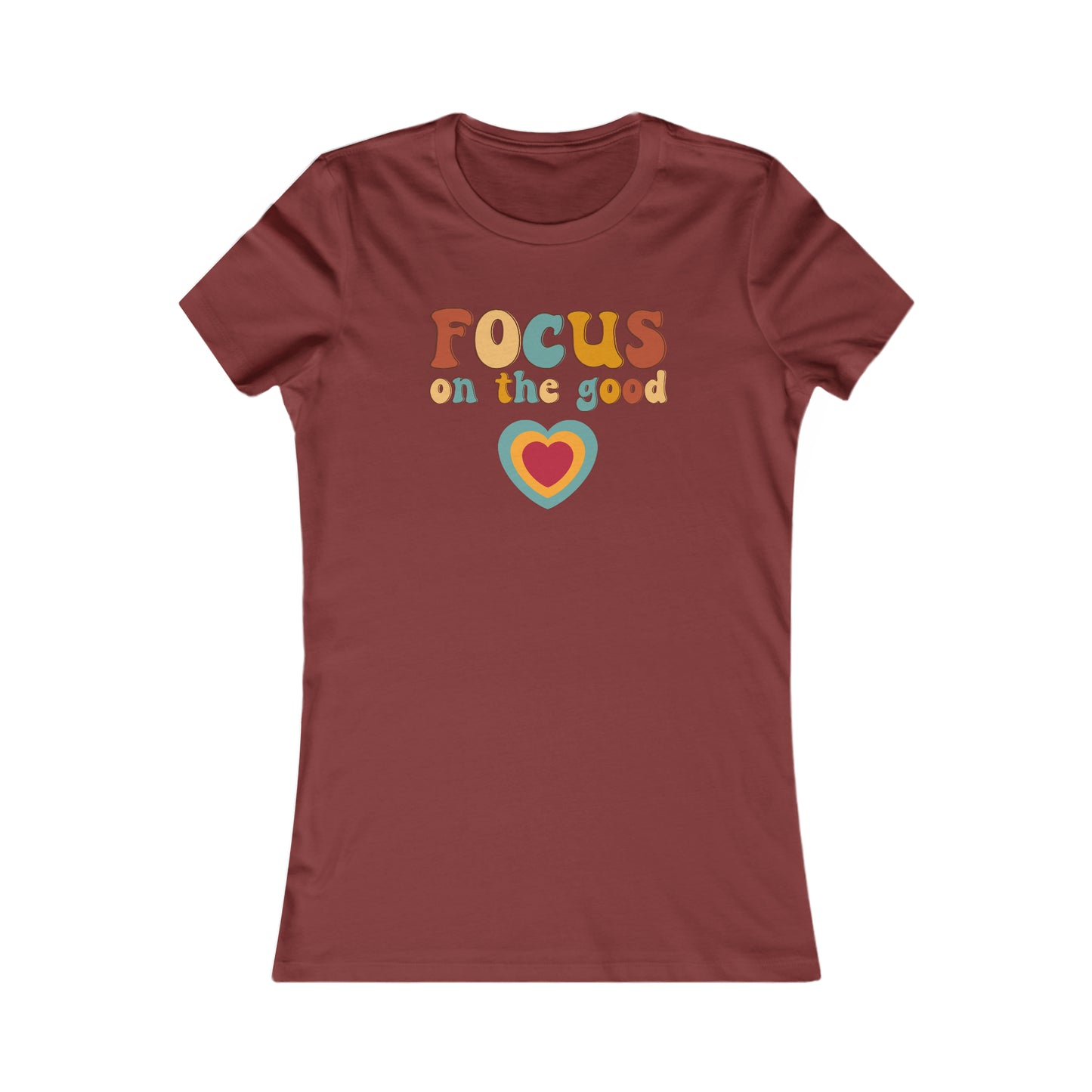 Colorful and hip “Focus on the good” message in the center of this Women's Favorite Tee design. Slim fit so please check the size table.