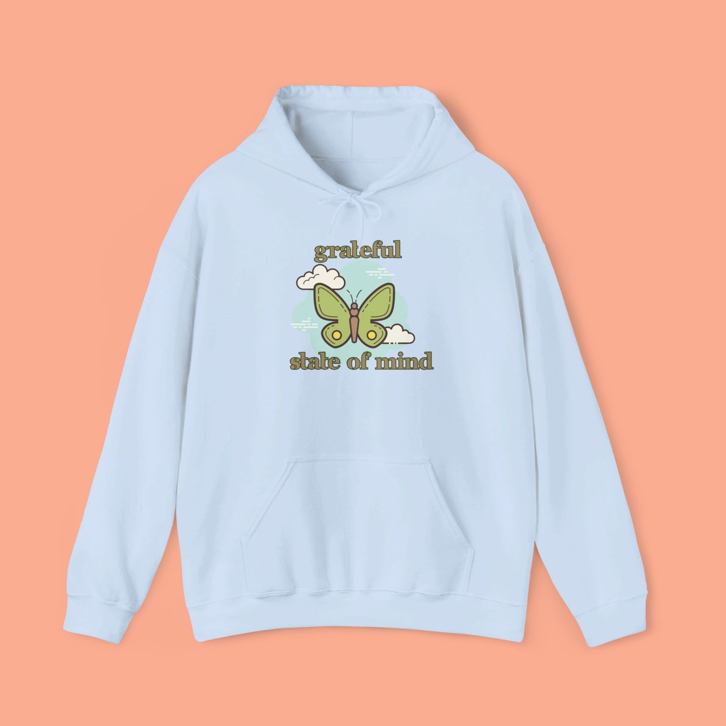 Grateful state of mind around a simple butterfly design on this Unisex Heavy Blend™ Hooded Sweatshirt