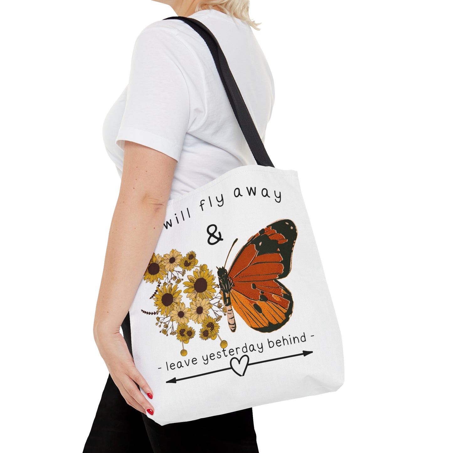 Beautiful “I will fly away & leave yesterday behind” inspirational Tote Bag in 3 sizes to meet your needs.