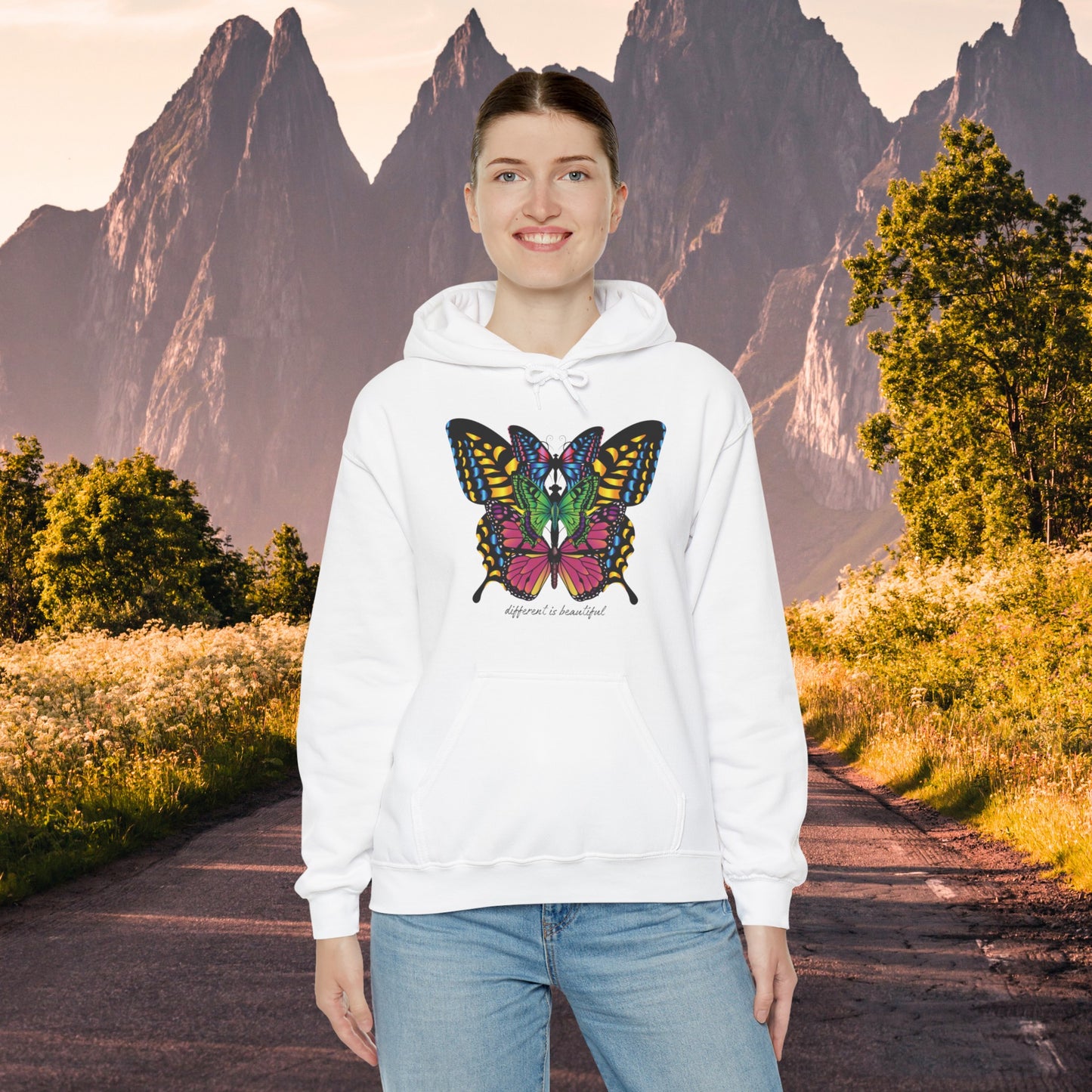 Diversity is celebrated on this butterflies filled “different is beautiful" Unisex Heavy Blend™ Hooded Sweatshirt