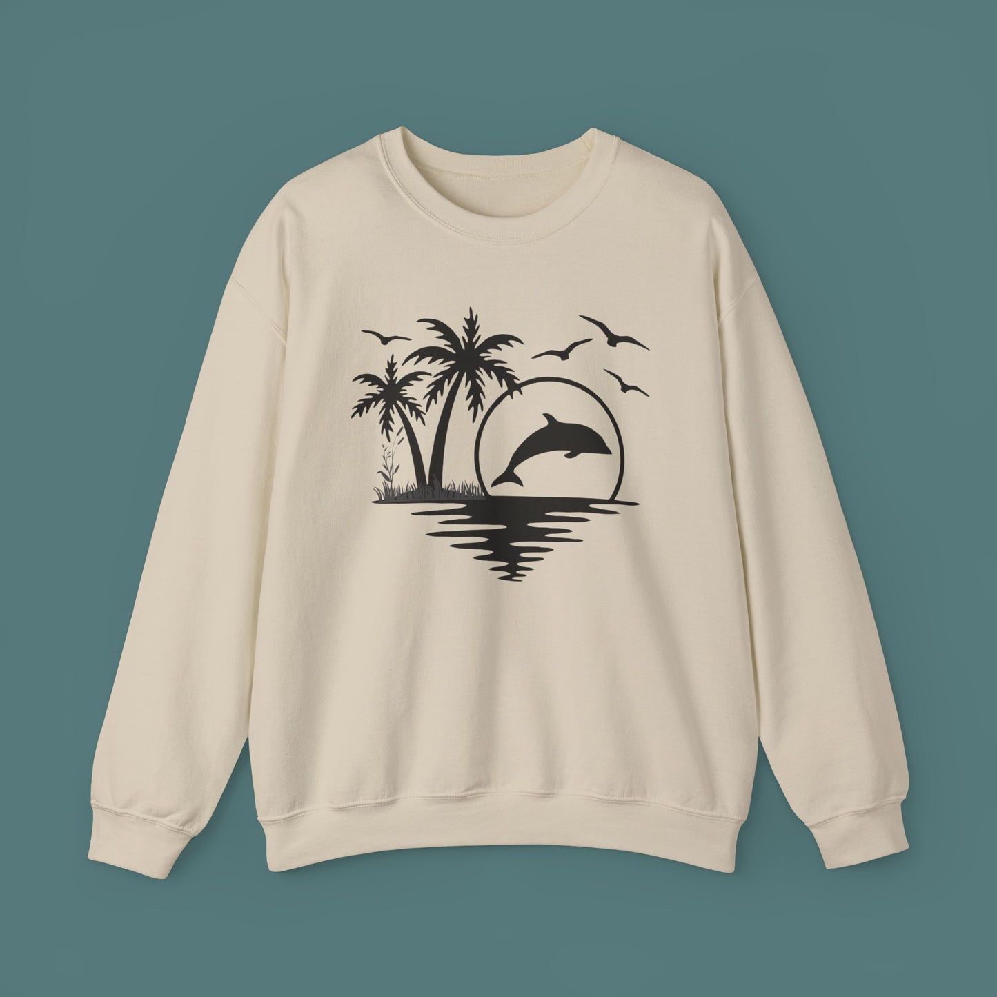 Silhouettes of palm trees, playful dolphin, and the ocean water make this cozy sweatshirt. Give the gift of this Unisex Heavy Blend™ Crewneck Sweatshirt or get one for yourself.