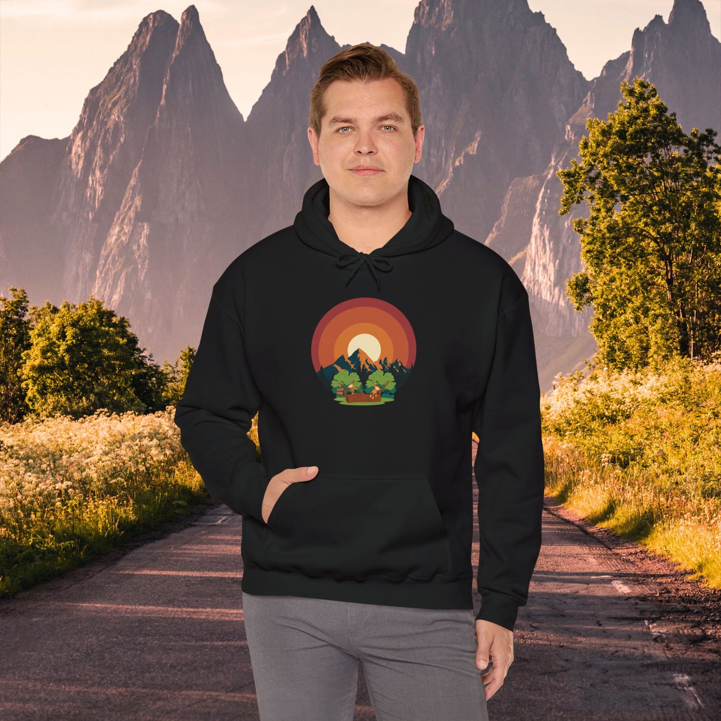 Hooded Sweatshirt - Mountain Forest and Playful Monkeys Design