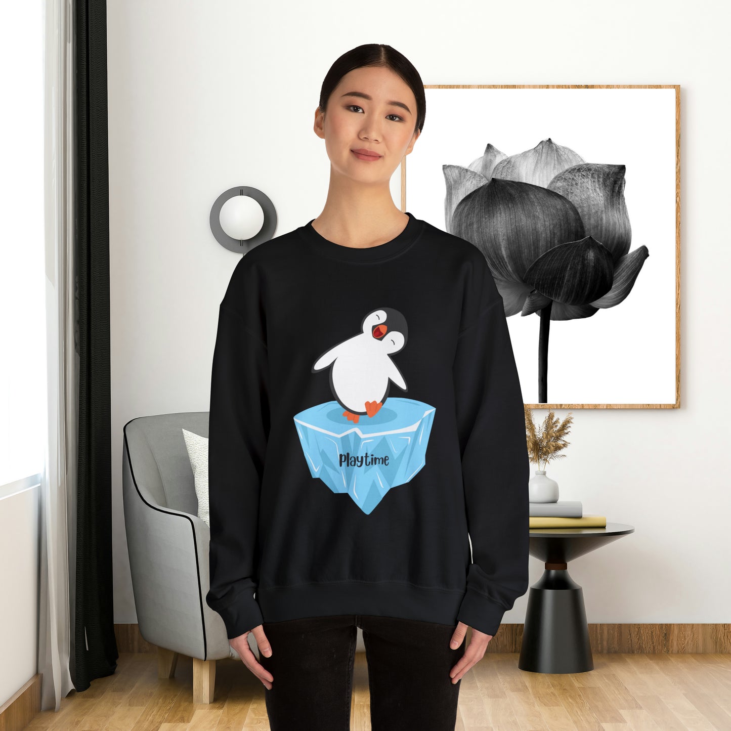 Playtime! Cute and happy penguin on an iceberg design. Give the gift of this Unisex Heavy Blend™ Crewneck Sweatshirt or get one for yourself.