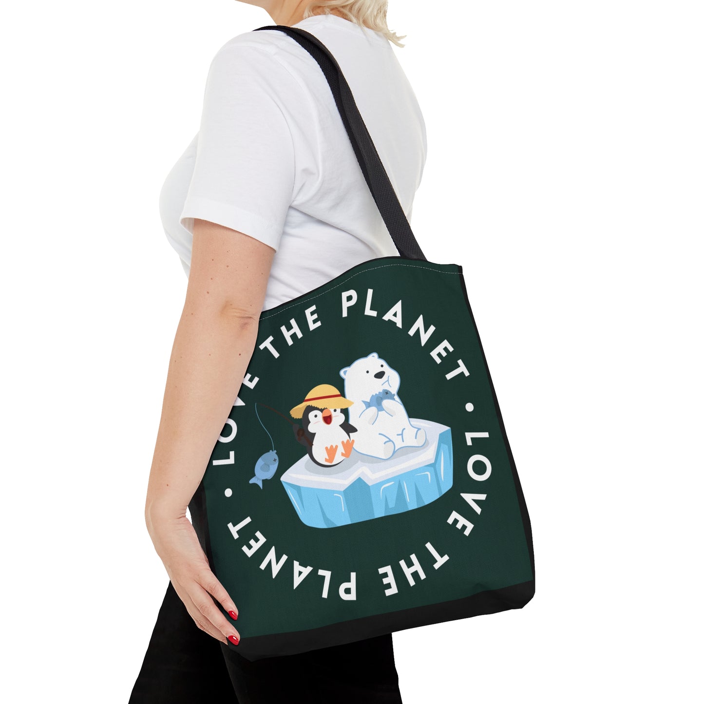 Cute polar bear, penguin and fish inside a  “LOVE THE PLANET” Tote Bag in 3 sizes to meet your needs.